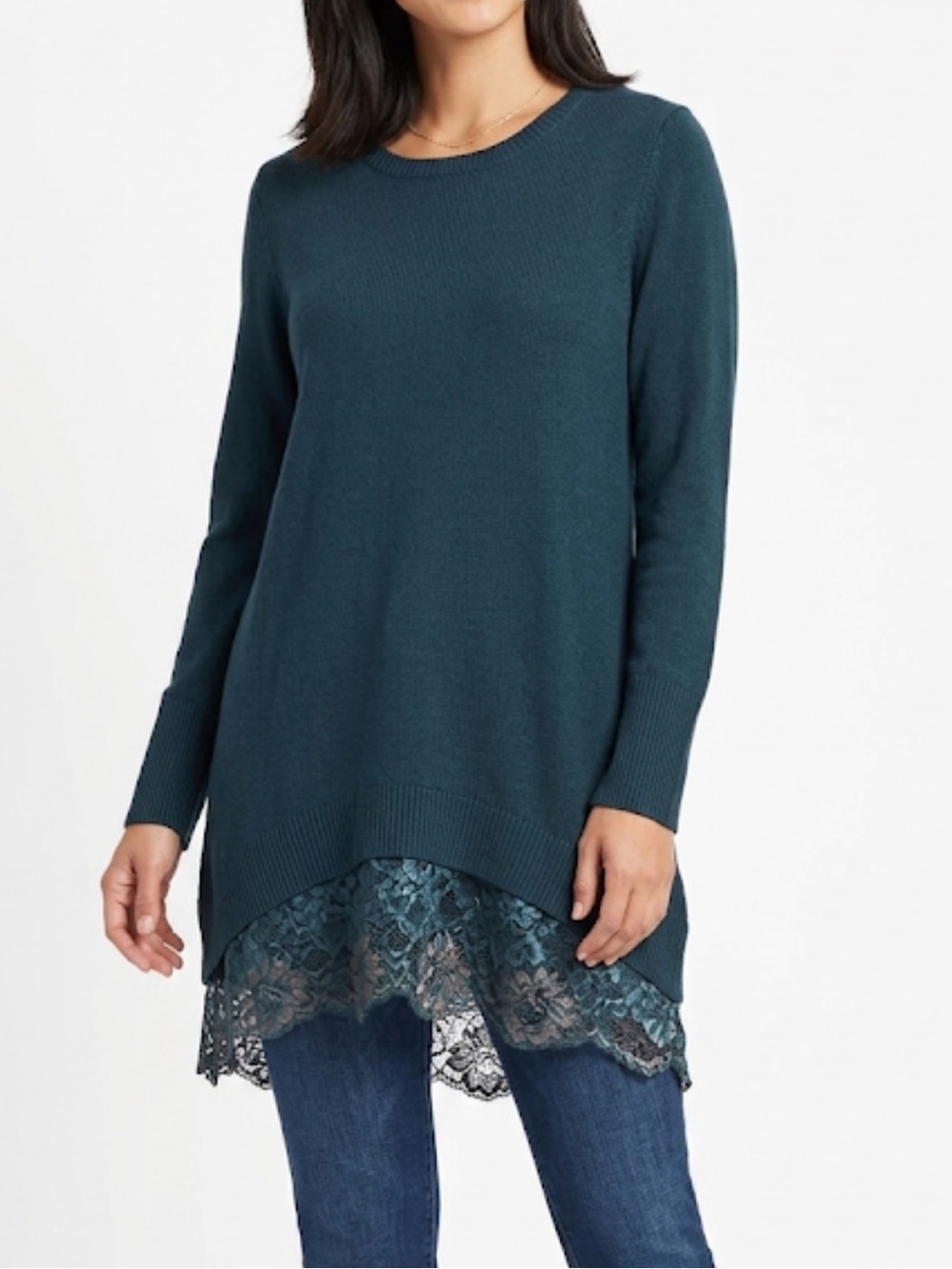 LOGO Lori Goldstein navy blue long sleeve lace hem top size S (3x$15)